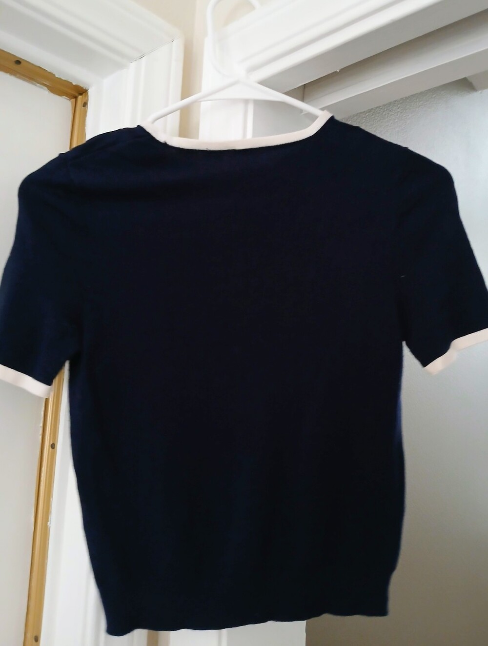 Juniors Navy Short-Sleeve Knit Sweater with Cream Trim